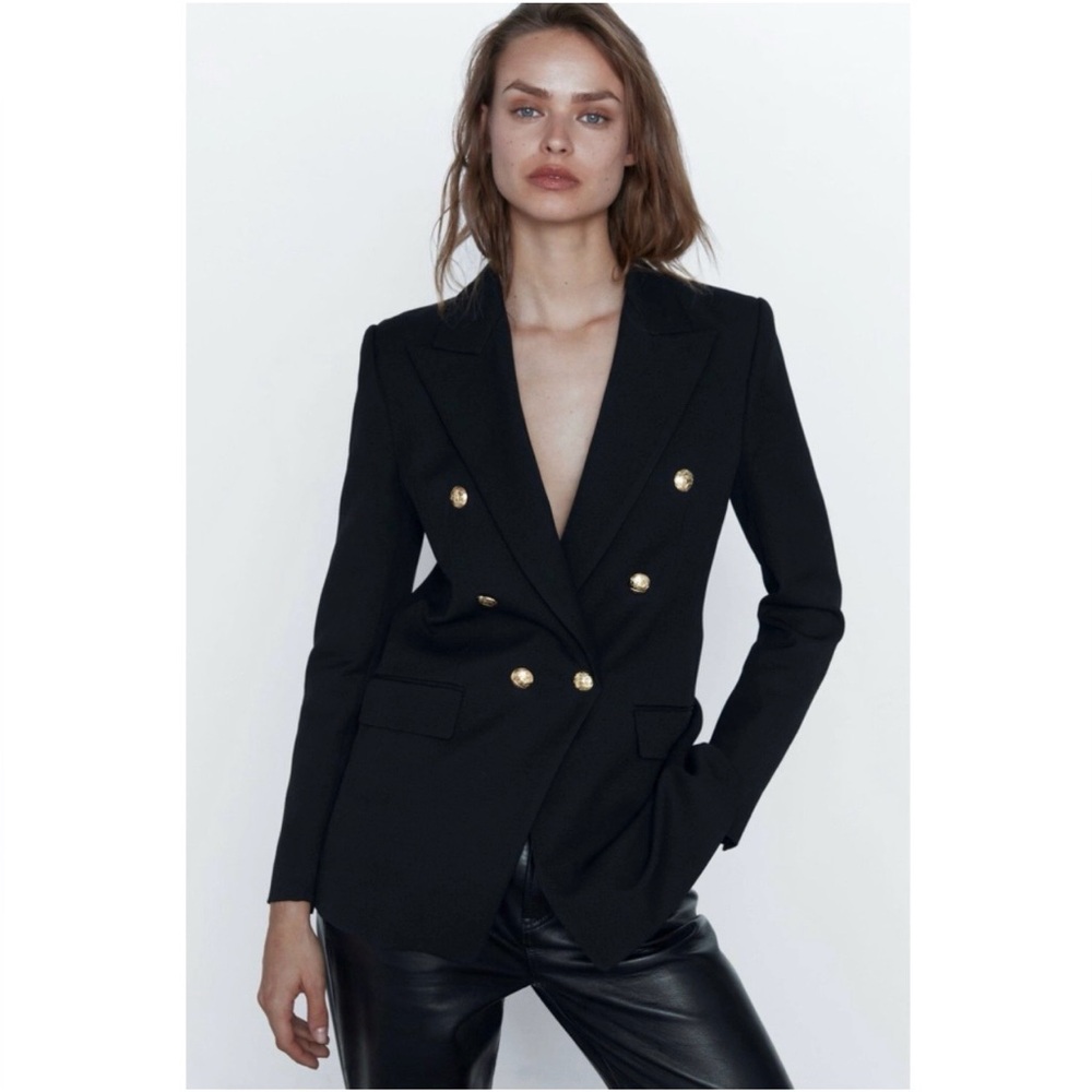🖤 ZARA Black Double-Breasted Blazer with Gold Buttons | Size M | NWT